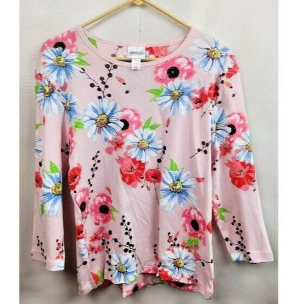 Liberty Lane Womens‎ Top Large Pink Floral Embellished 3/4 Sleeve Cottagecore